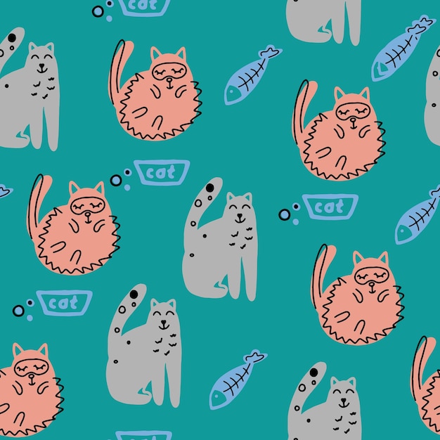 Patrón sin fisuras con lindos gatos graciosos. ilustración vectorial. se puede imprimir y utilizar como papel tapiz, embalaje, papel de regalo, tela, etc.