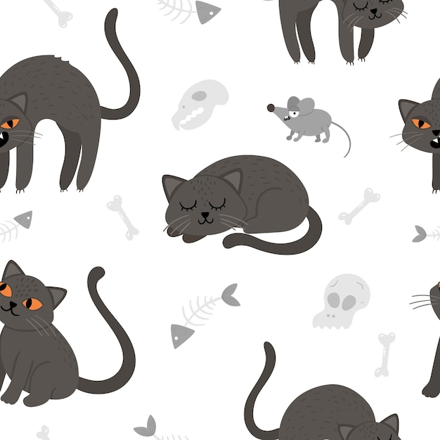 Vector patrón sin fisuras con lindos gatos negros vectoriales y ratón. papel digital con personajes de halloween. fondo divertido de la víspera de todos los santos de otoño con animales de miedo, remos, huesos para niños.