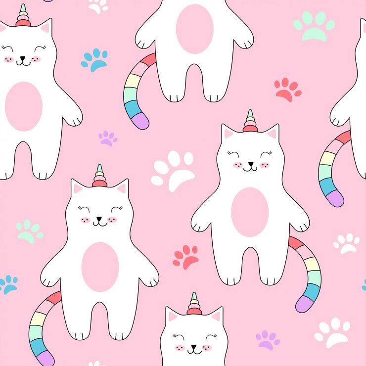 Vector patrón sin fisuras con lindos gatos unicornio.