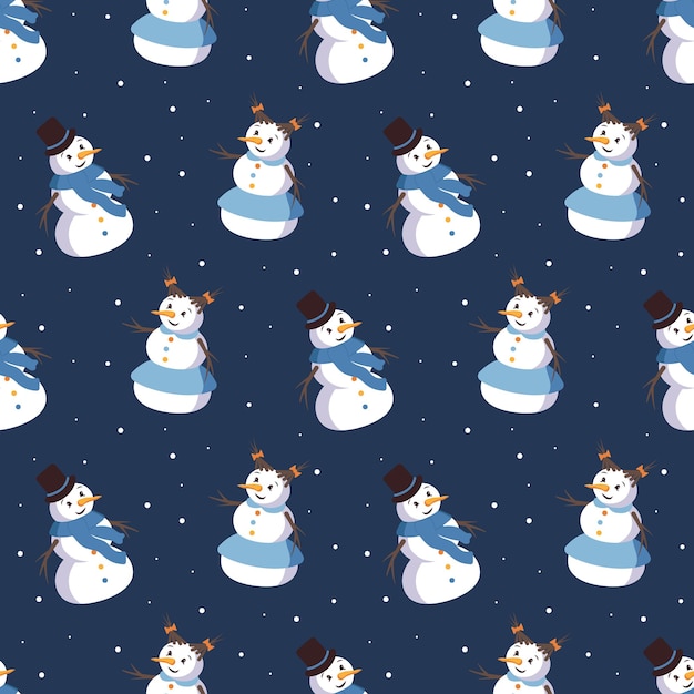Patrón sin fisuras con lindos muñecos de nieve sonrientes. Impresión de felices fiestas, decoraciones de año nuevo. Invierno y fondo festivo.
