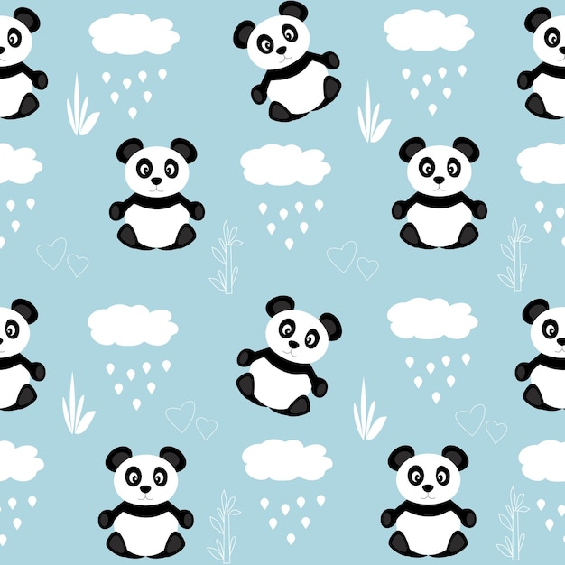 Patrón sin fisuras con lindos pandas negros y nubes con lluvia