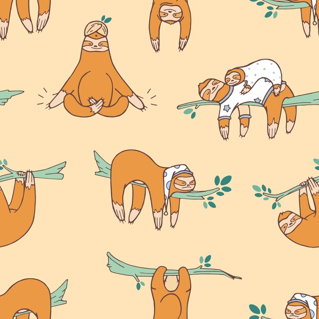 Patrón sin fisuras con lindos perezosos durmiendo, durmiendo, dormitando. Telón de fondo con adorable animal exótico salvaje perezoso. Ilustración de vector de dibujos animados coloreados en estilo plano para papel de regalo, impresión textil.