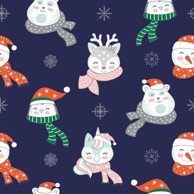 Vector patrón sin fisuras con lindos personajes de animales y elementos navideños aislados sobre fondo azul marino. ilustración vectorial.