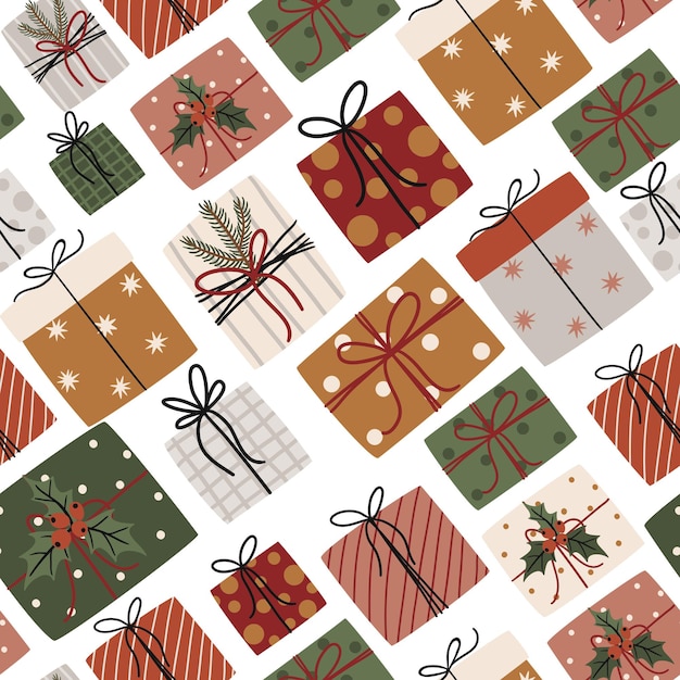 Patrón sin fisuras con lindos regalos de Navidad en hermosos envases para papel de scrapbooking textil