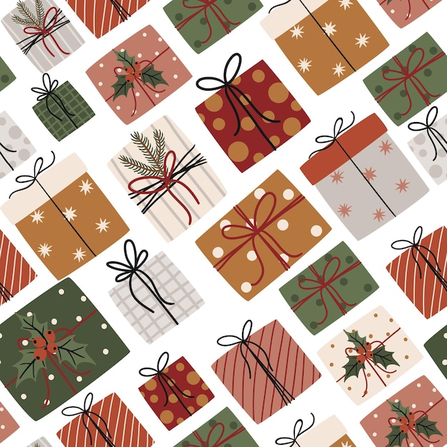 Vector patrón sin fisuras con lindos regalos de navidad en hermosos envases para papel de scrapbooking textil