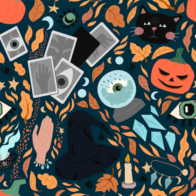 Patrón sin fisuras de lindos símbolos de Halloween. ilustración de hojas de otoño para papel de regalo, papel tapiz