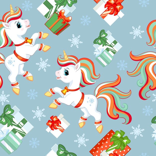 Patrón sin fisuras con lindos unicornios, regalos y copos de nieve aislados sobre fondo azul. Ilustración vectorial.