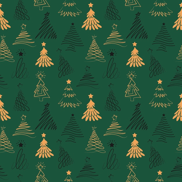 Patrón sin fisuras con la línea del árbol de Navidad sobre un fondo verde. Vector