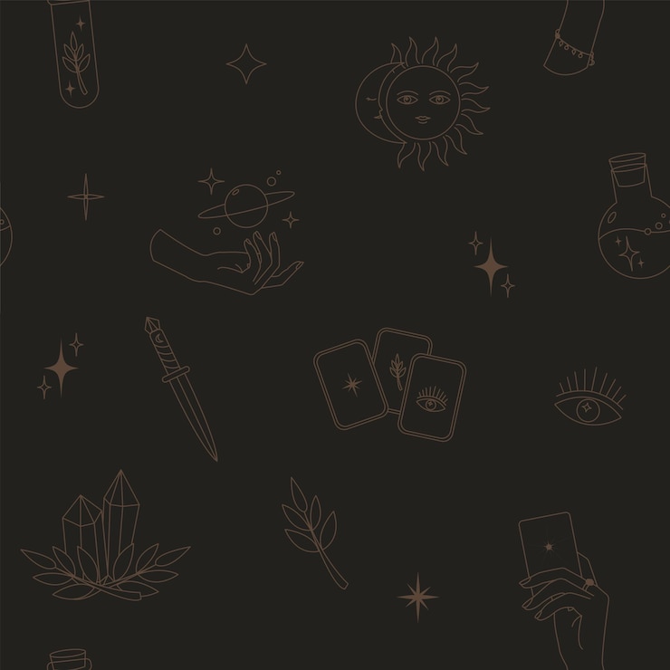 Vector patrón sin fisuras mágico boho, objetos de brujería luna, ojo, manos, sol, línea simple de oro, bohemio