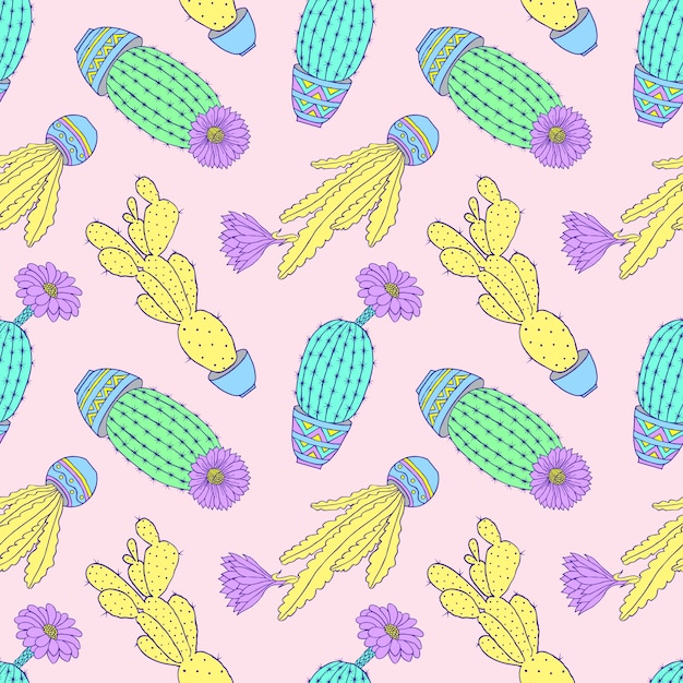 Patrón sin fisuras con mano colorido dibujado cactus en rosa