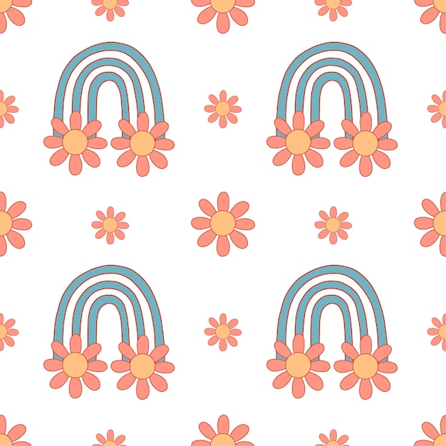 Patrón sin fisuras con margarita y arco iris. ilustración vectorial Lindo fondo de pantalla floral positivo