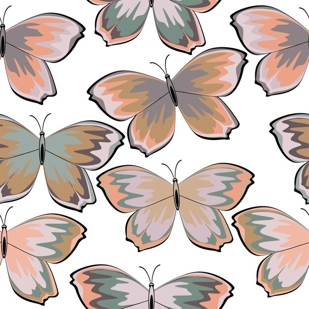 Patrón sin fisuras con mariposas multicolores sobre un fondo blanco.