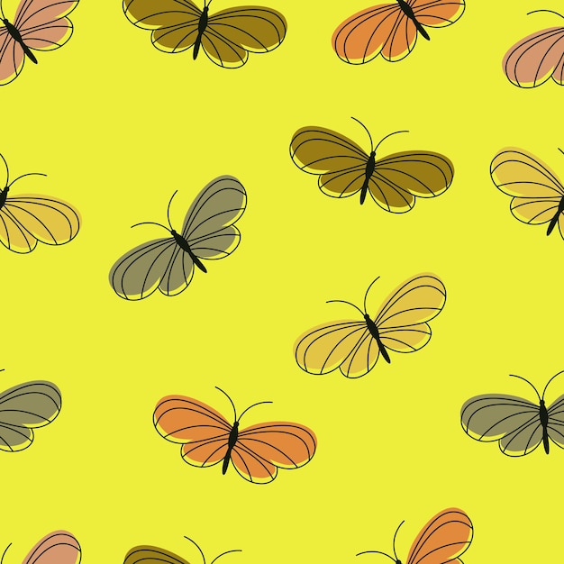 Patrón sin fisuras con mariposas sobre un fondo amarillo.