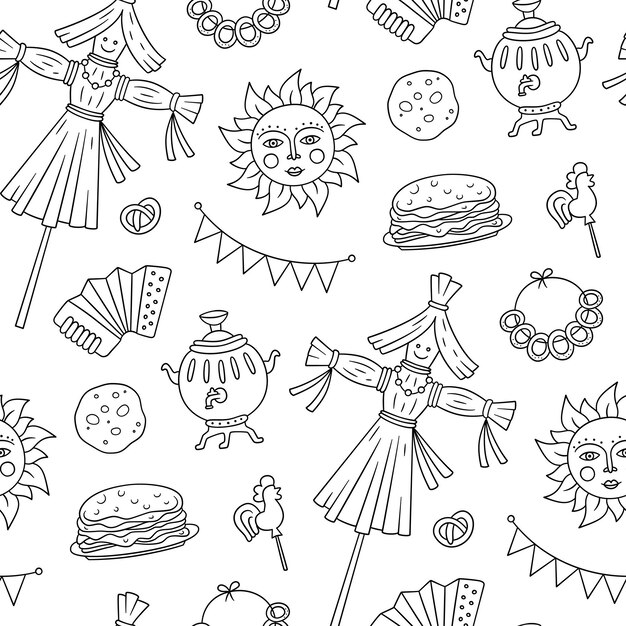 Patrón sin fisuras de Maslenitsa. Elementos de la semana de panqueques: blins, sol, espantapájaros de invierno, acordeón. Carnestolendas. Ilustración de vector de estilo de dibujo sobre fondo blanco