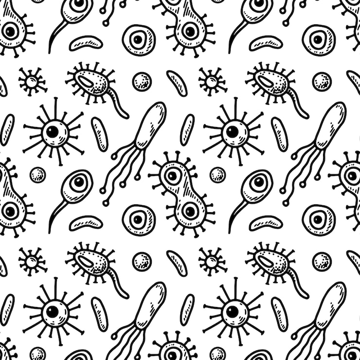 Vector patrón sin fisuras de microbiología. ilustración de vector científico en estilo boceto