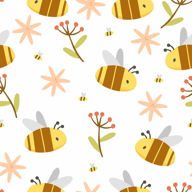 Vector patrón sin fisuras de miel con abejas y flores en estilo de dibujos animados lindo