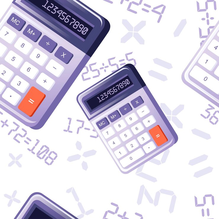 Vector patrón sin fisuras de la moderna calculadora pequeña púrpura con la ilustración de vector plano de función básica sobre fondo blanco.