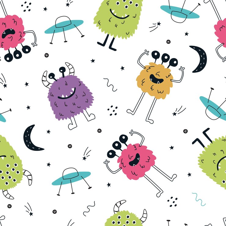 Patrón sin fisuras con monstruos de dibujos animados sobre un fondo blanco Ilustración vectorial para imprimir