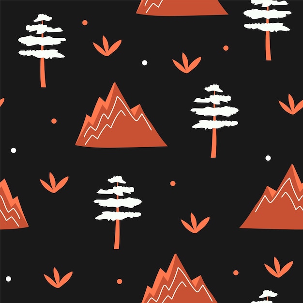 Patrón sin fisuras de montañas, árboles - naranja sobre fondo negro. Vector ilustración de niños escandinavos. Para banner, tarjeta, textil.