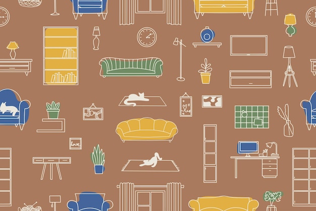 Patrón sin fisuras de muebles, lámparas, elementos interiores, ilustración vectorial moderna para banner, página web, medios impresos.