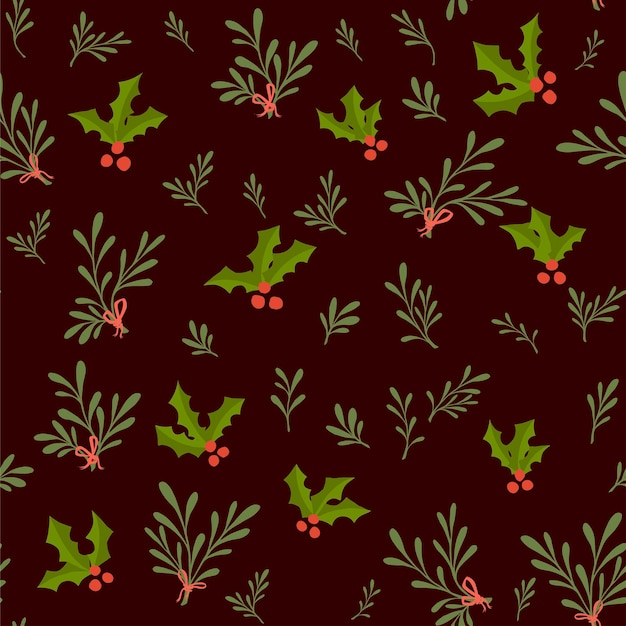Patrón sin fisuras de muérdago con bayas y hojas verdes ilustración de vector plano de cerebro de amor de Navidad sobre fondo marrón.