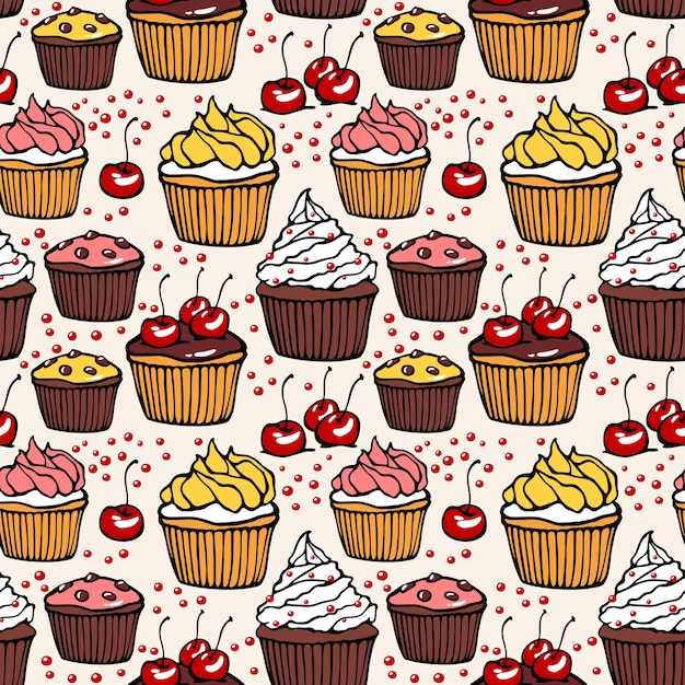 Patrón sin fisuras con muffins y cerezas