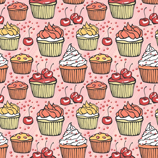 Patrón sin fisuras con muffins y cerezas