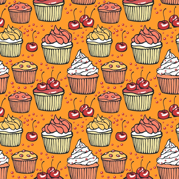 Patrón sin fisuras con muffins y cerezas