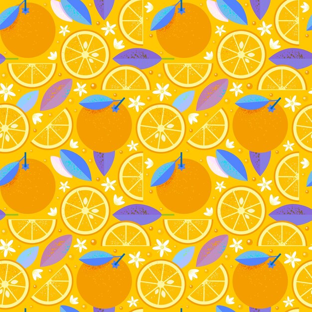 Patrón sin fisuras, naranja, rodajas de naranja, hojas de naranja y flores sobre fondo amarillo