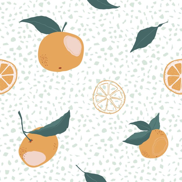 Patrón sin fisuras con naranjas y rodajas sobre un fondo blanco. Un fondo repetido brillante moderno con cítricos en estilo plano. Ilustración vectorial de stock