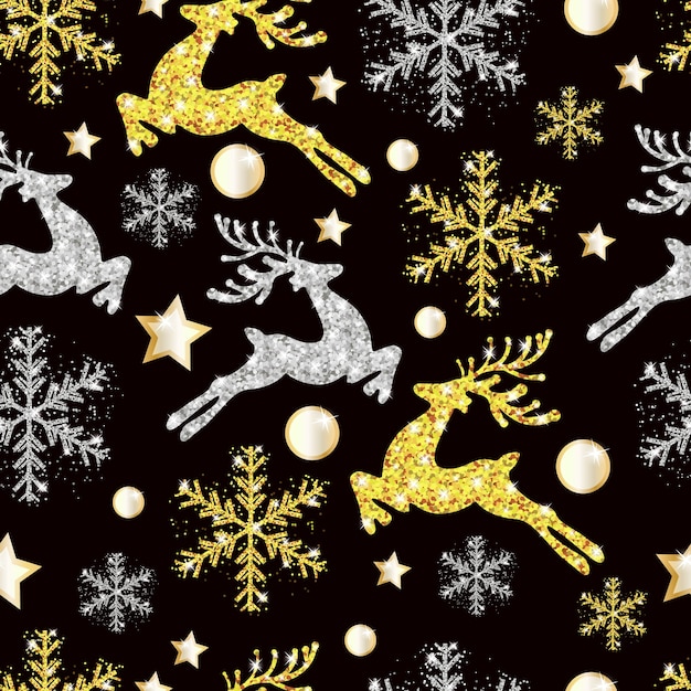Patrón sin fisuras de navidad y año nuevo ciervos de oro y plata, copos de nieve.
