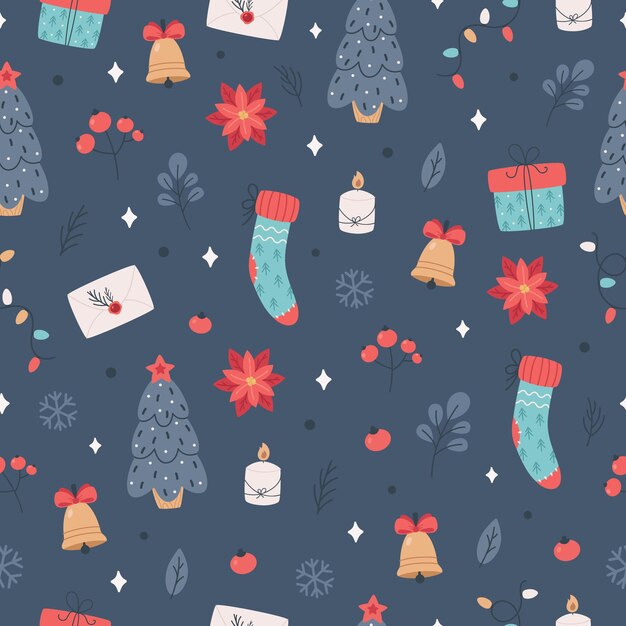 Patrón sin fisuras de Navidad con árbol de Navidad, regalo, muérdago. medias. Feliz navidad