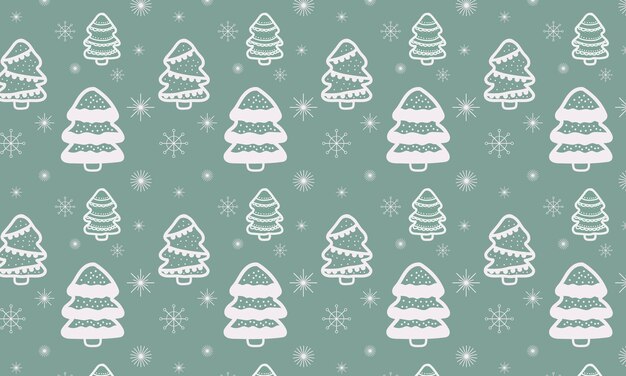Patrón sin fisuras de Navidad con árboles y copos de nieve. Ilustraciones de contorno, composición festiva.