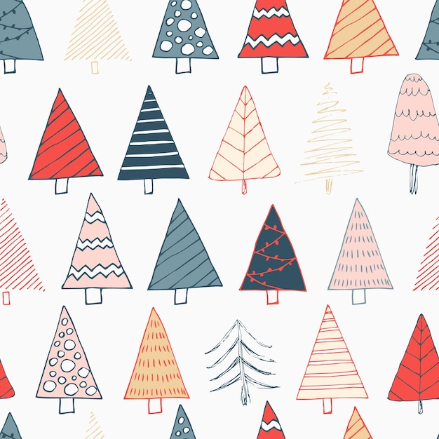 Patrón sin fisuras de Navidad con árboles de Navidad y árboles de año nuevo. Estampado de bosque brillante y ambiente navideño para ropa de bebé y postales.