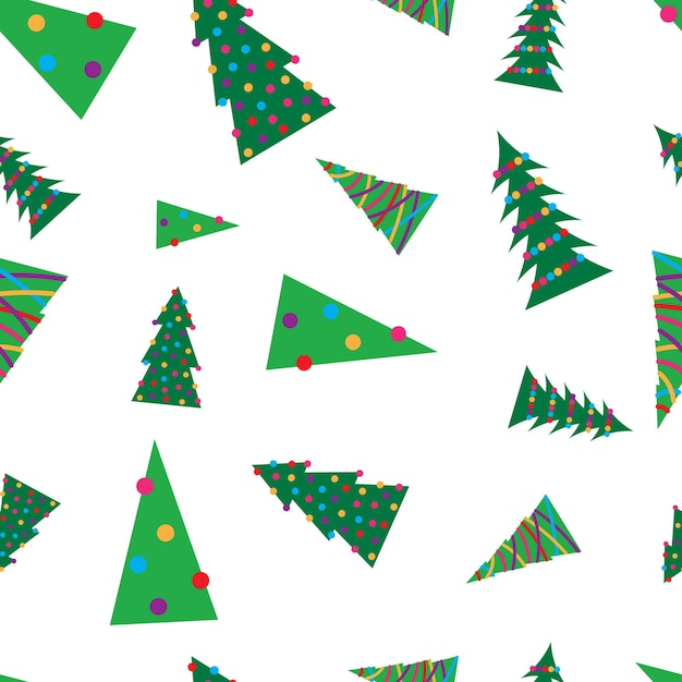 Patrón sin fisuras de Navidad con árboles de Navidad verdes con coloridos juguetes, bolas y guirnaldas. Ilustración vectorial