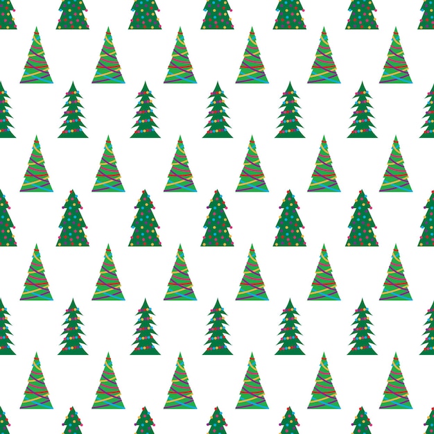 Patrón sin fisuras de Navidad con árboles de Navidad verdes con coloridos juguetes, bolas y guirnaldas. Ilustración vectorial