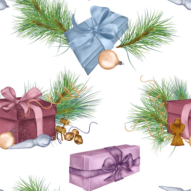 Patrón sin fisuras de Navidad de cajas de regalo Decoraciones navideñas ilustración digital aislada en blanco Rama de pino ciervo ángel elemento dibujado a mano para impresión navideña fondo de envoltura de año nuevo
