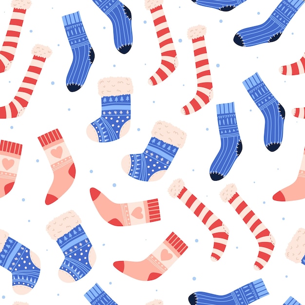 Patrón sin fisuras de Navidad con calcetines lindos, ilustración vectorial de dibujos animados aislado sobre fondo blanco. Medias de elfo a rayas y calcetines cálidos de invierno con adorno.