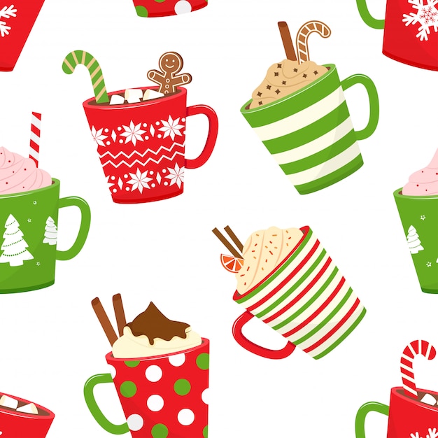 Patrón sin fisuras de navidad con chocolate caliente, tazas de dibujos animados con bebidas navideñas.