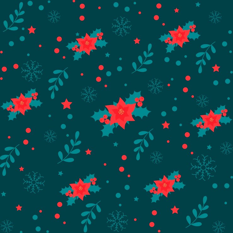 Patrón sin fisuras para Navidad con copos de nieve, acebo, ramas sobre un fondo verde. Ilustración vectorial