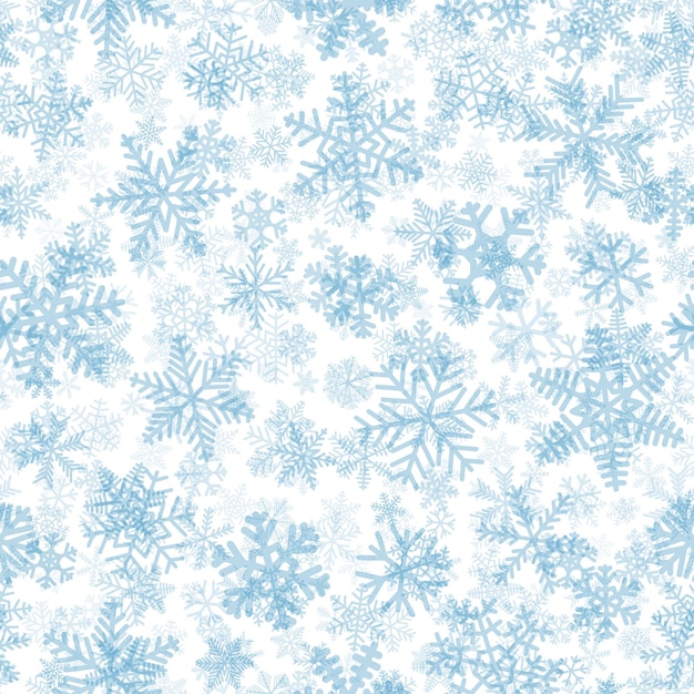 Patrón sin fisuras de Navidad de copos de nieve, azul claro sobre fondo blanco.