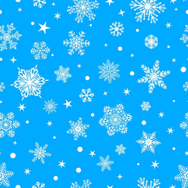 Patrón sin fisuras de Navidad de copos de nieve grandes y pequeños blanco sobre azul claro
