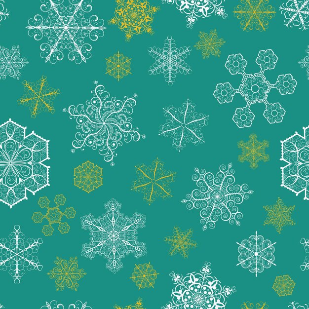 Patrón sin fisuras de Navidad con copos de nieve grandes y pequeños sobre fondo verde
