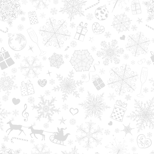Patrón sin fisuras de Navidad de copos de nieve grandes y pequeños y varios símbolos de Navidad gris sobre blanco