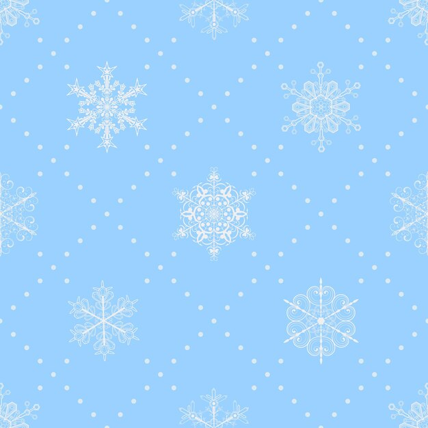 Patrón sin fisuras de Navidad de copos de nieve y puntos blancos sobre azul claro