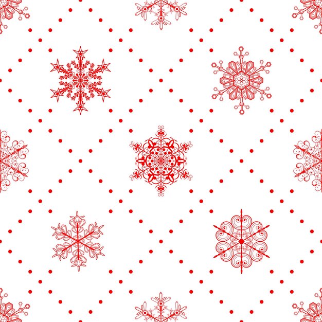 Patrón sin fisuras de Navidad de copos de nieve y puntos rojos sobre blanco