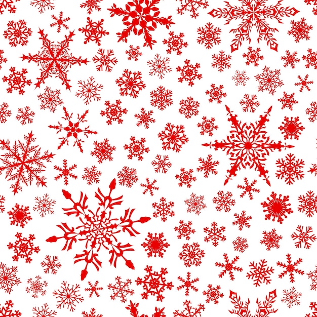Patrón sin fisuras de Navidad de copos de nieve, rojo sobre fondo blanco.