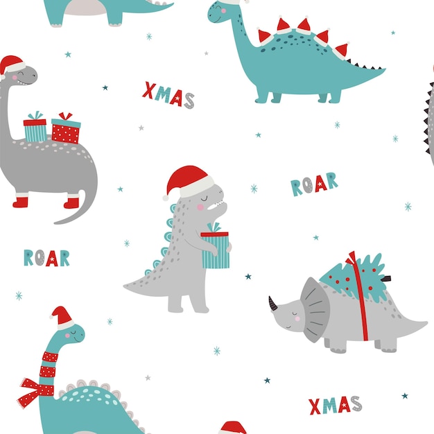 Patrón sin fisuras de navidad con dinosaurios roar xmas dino xmas divertido personaje en estilo de dibujos animados