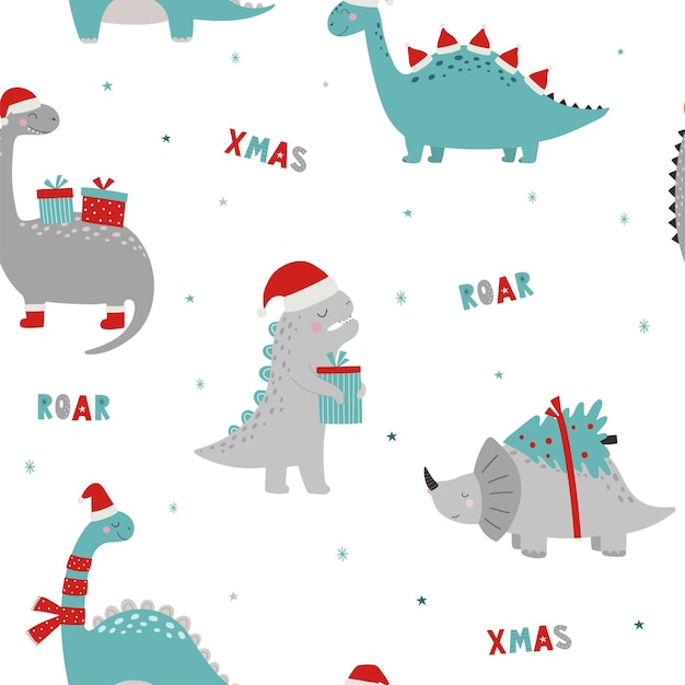 Patrón sin fisuras de Navidad con dinosaurios Roar Xmas Dino Xmas Divertido personaje en estilo de dibujos animados