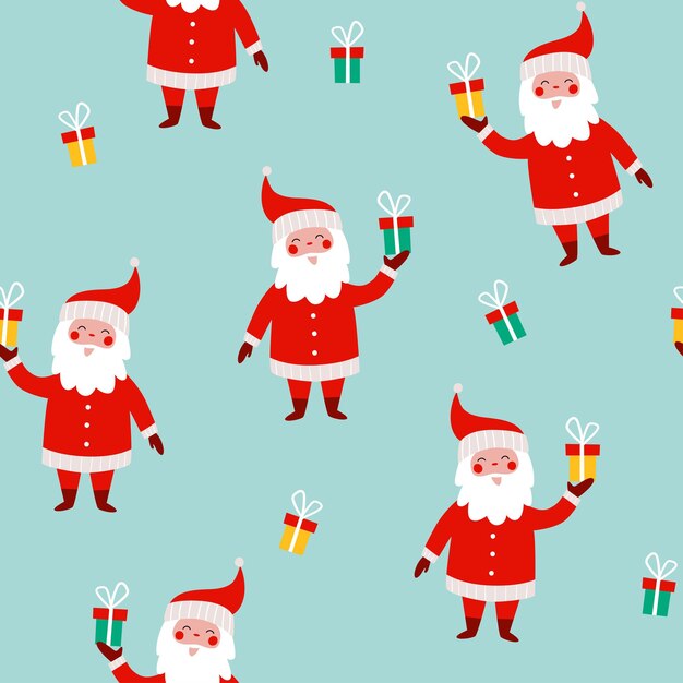 Patrón sin fisuras de Navidad con divertido Santa Claus y regalos sobre un fondo azul.